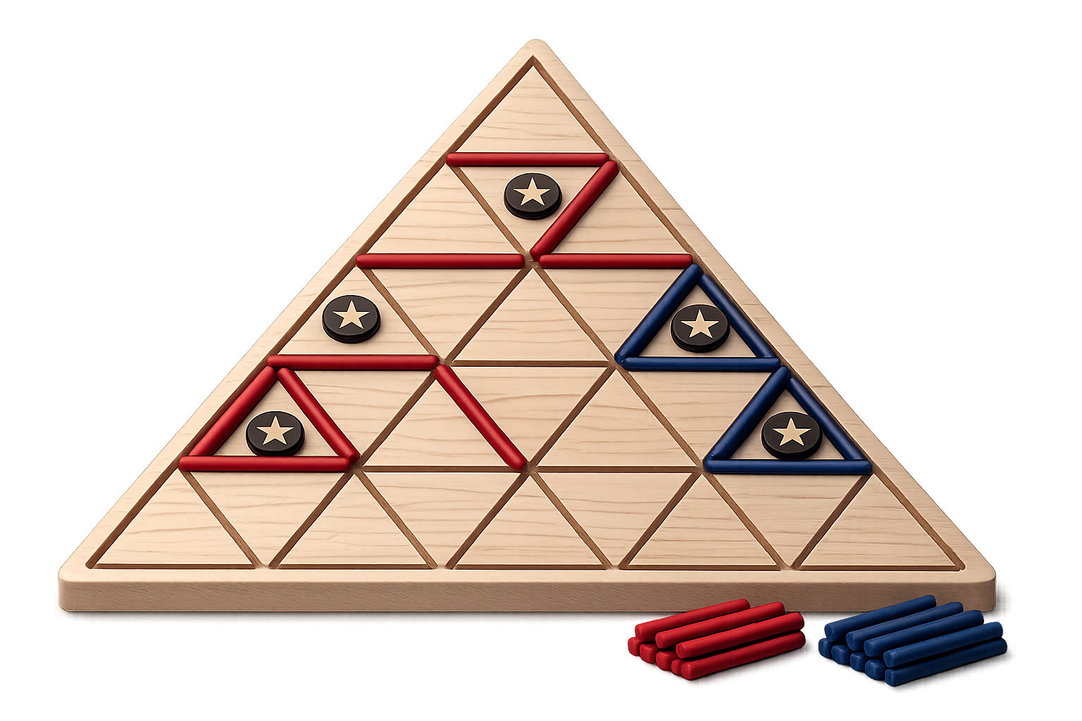 Triyra triangular wooden board game with red and blue pieces